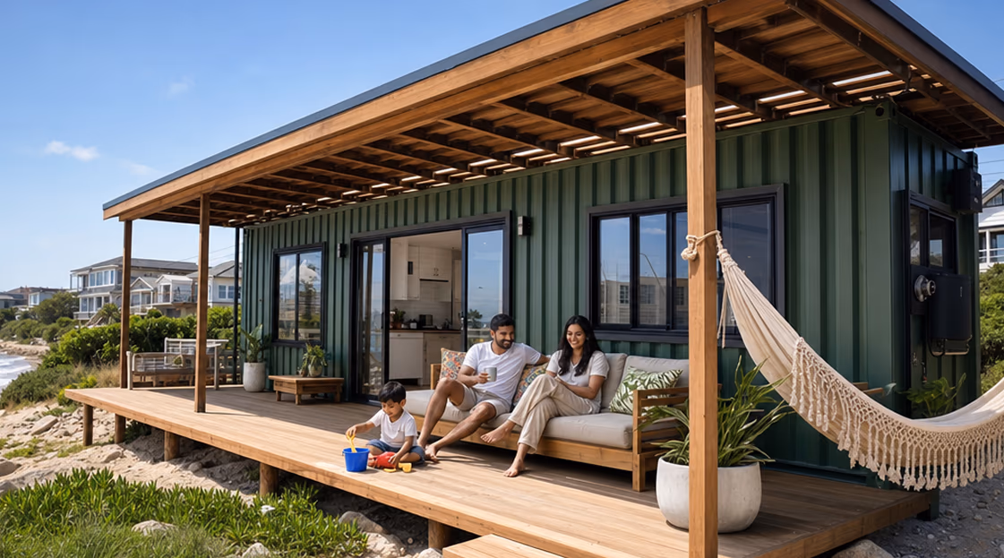 A family relaxing on The Den's covered deck by the coast