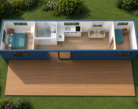 Cutaway 3D floor plan of The Den's single-container layout