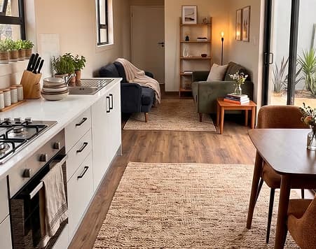 The Den's open-plan kitchen and living area, finished and furnished