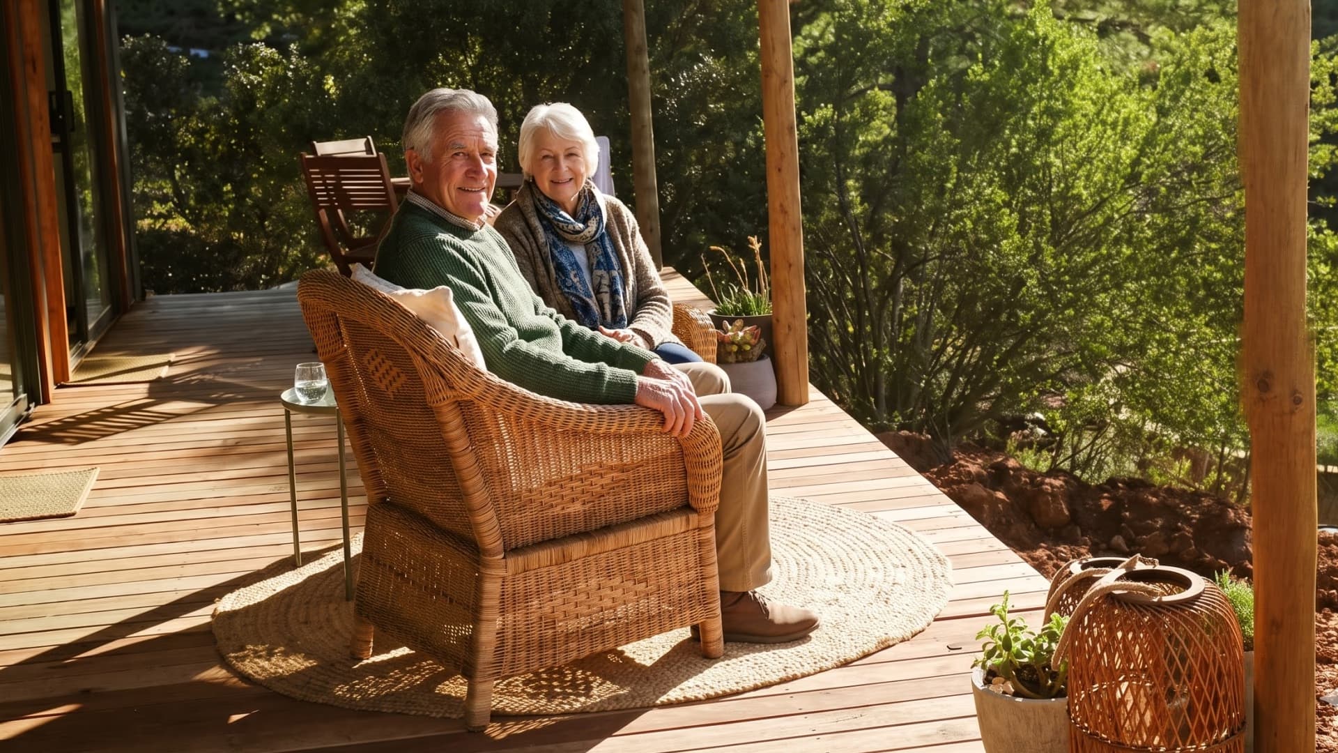 An older couple relaxing in wicker chairs on the sunny timber deck of their container home