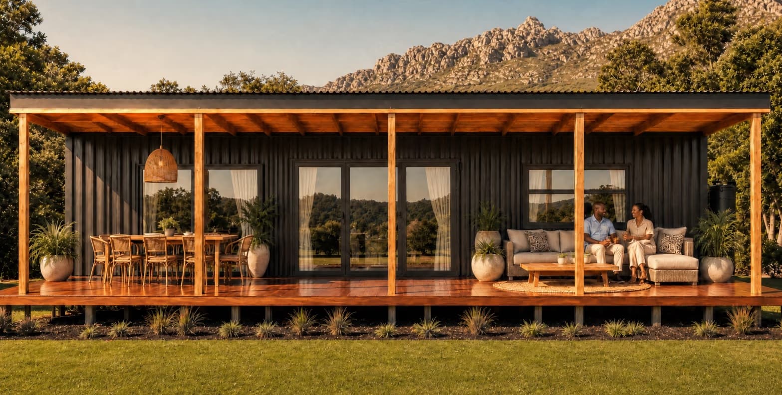 Styled render of The Independent, its full-length covered deck facing the mountains