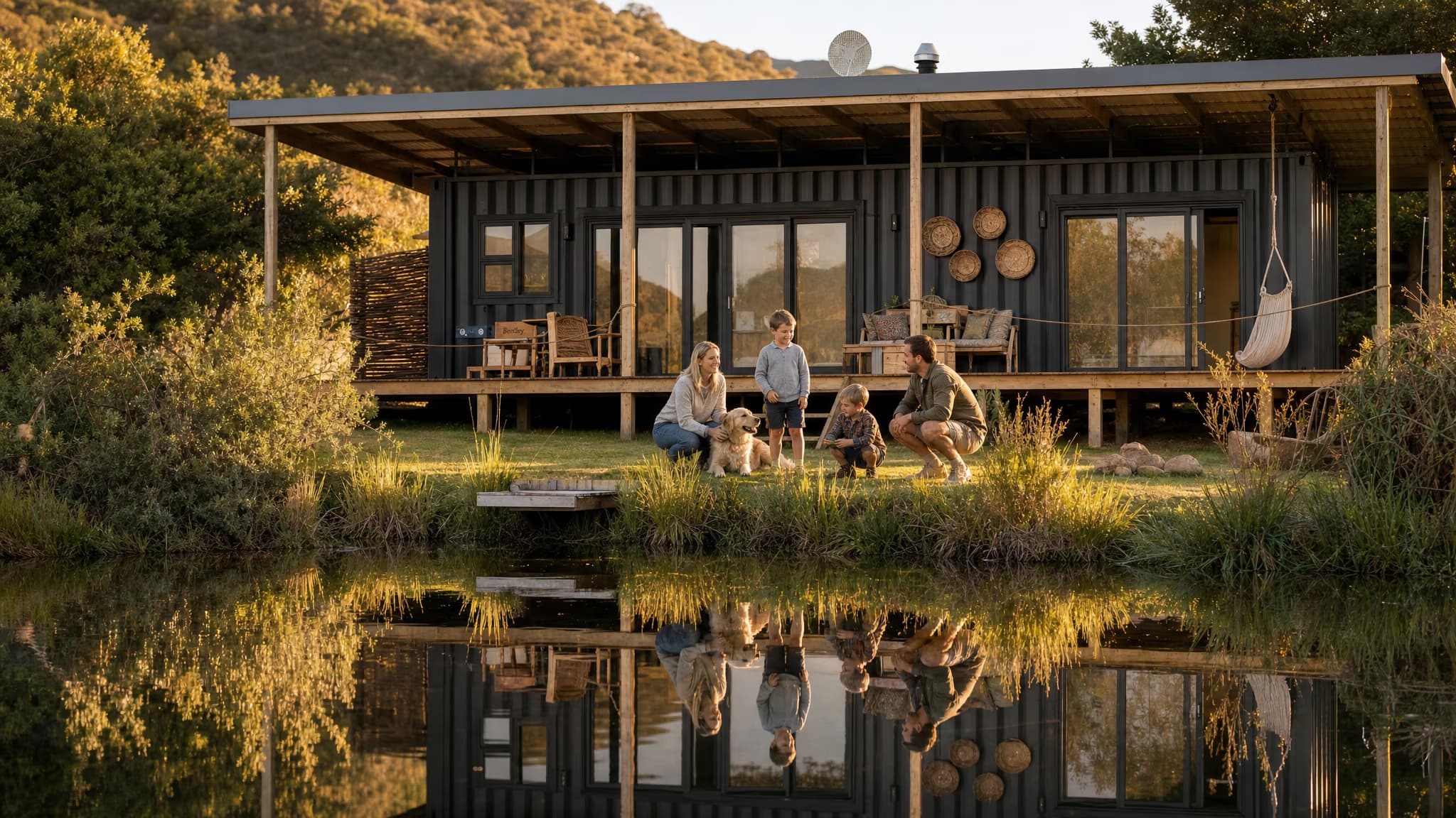 A family at the water's edge in front of The Independent 3 at golden hour
