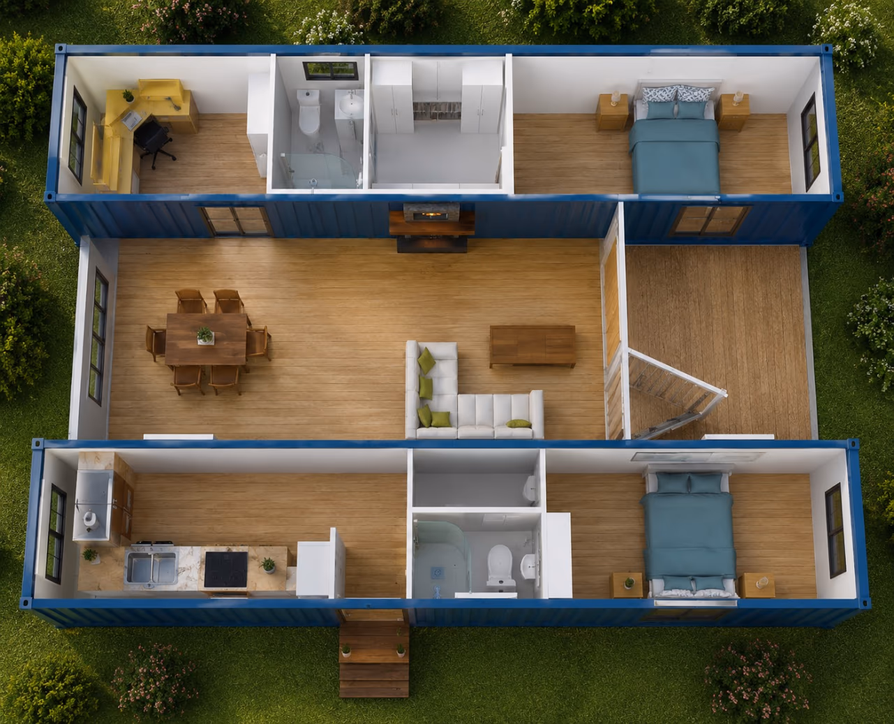 Cutaway 3D floor plan of The Oliver's two containers with the central living space