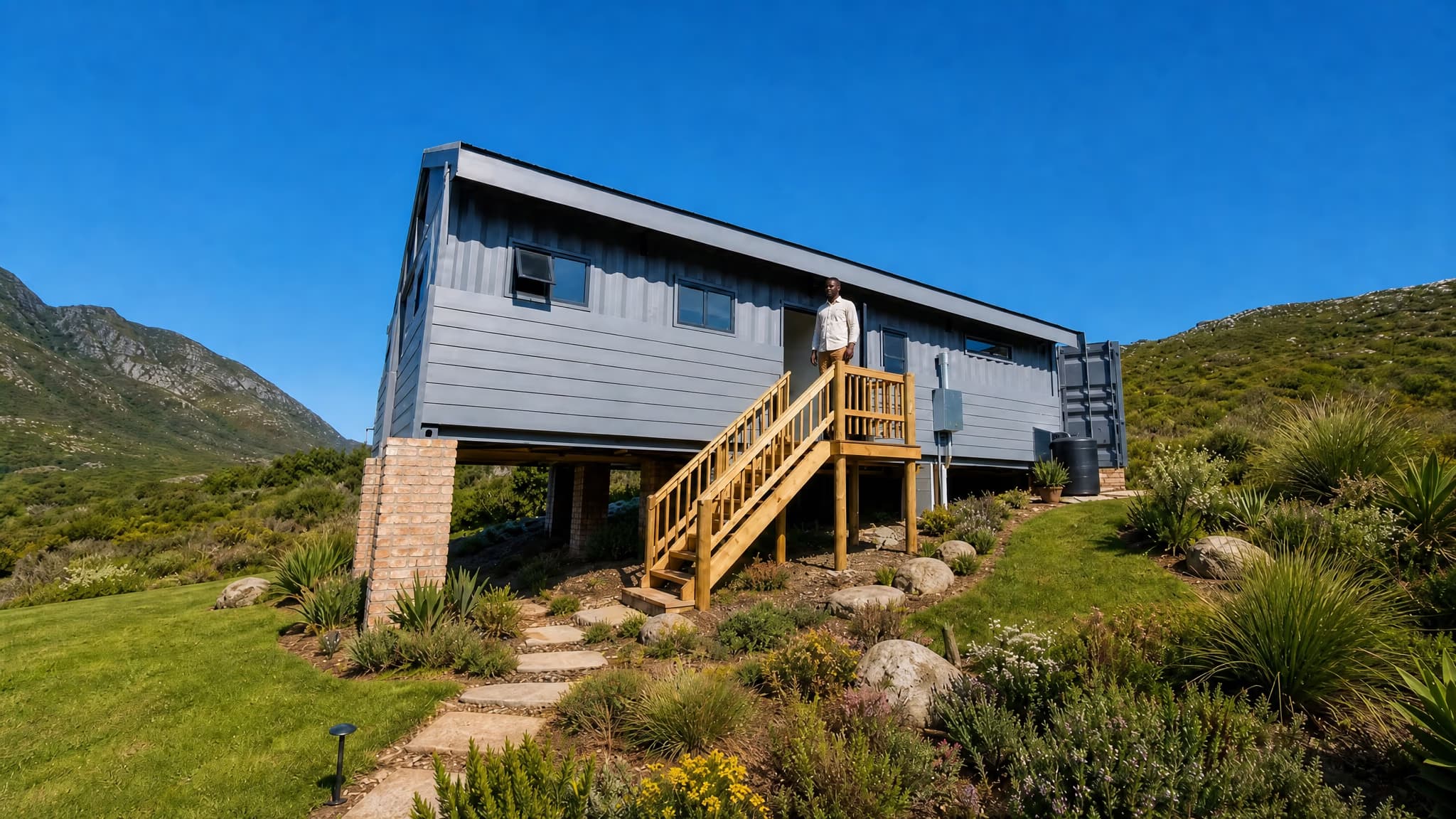 The Oliver on its hillside site, with timber stairs up to the entrance