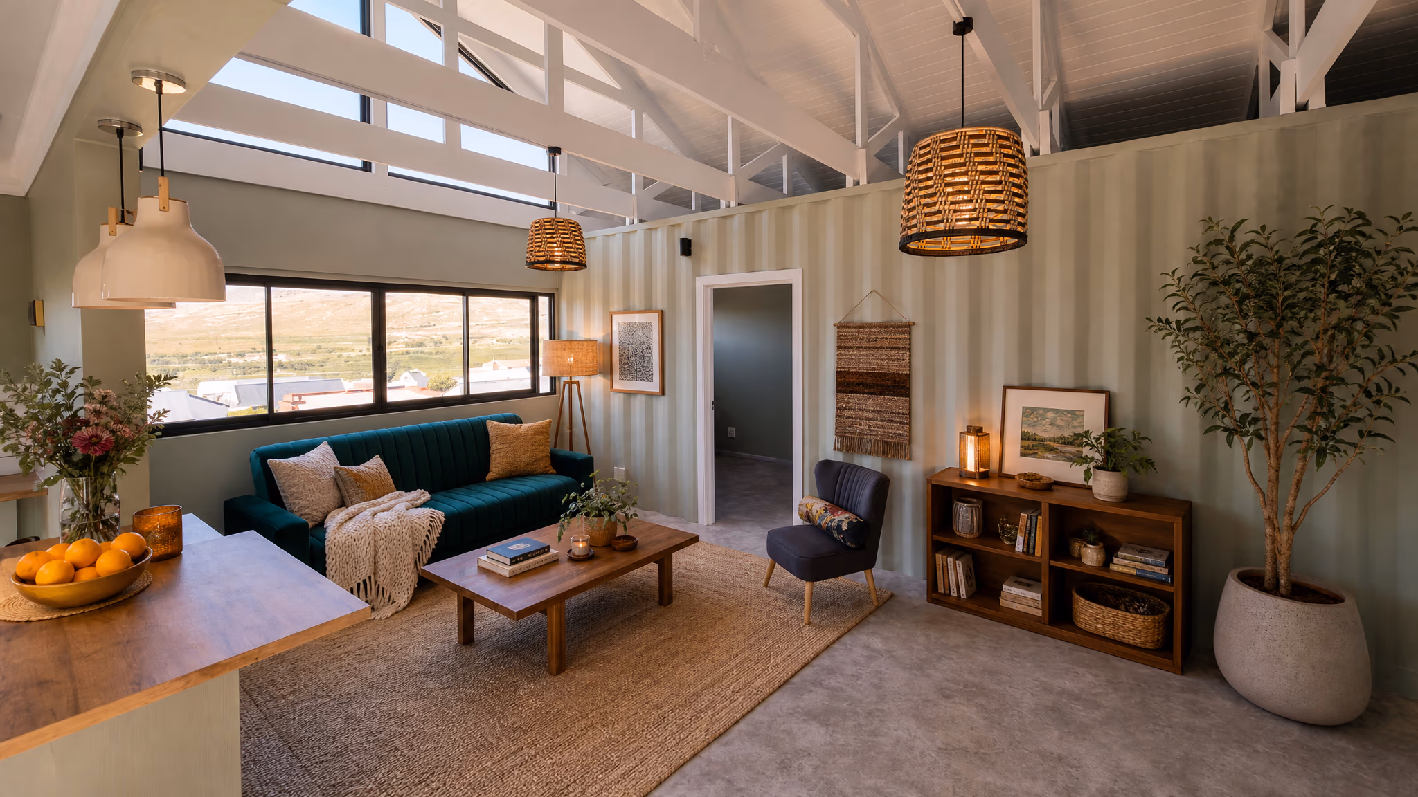 The Oliver's lounge under its double-volume trussed ceiling