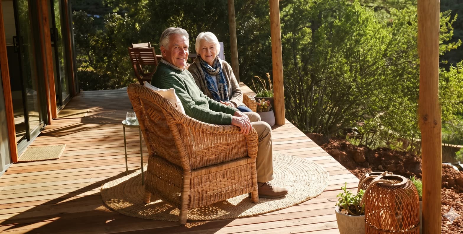 Owners relaxing on the deck of their finished home