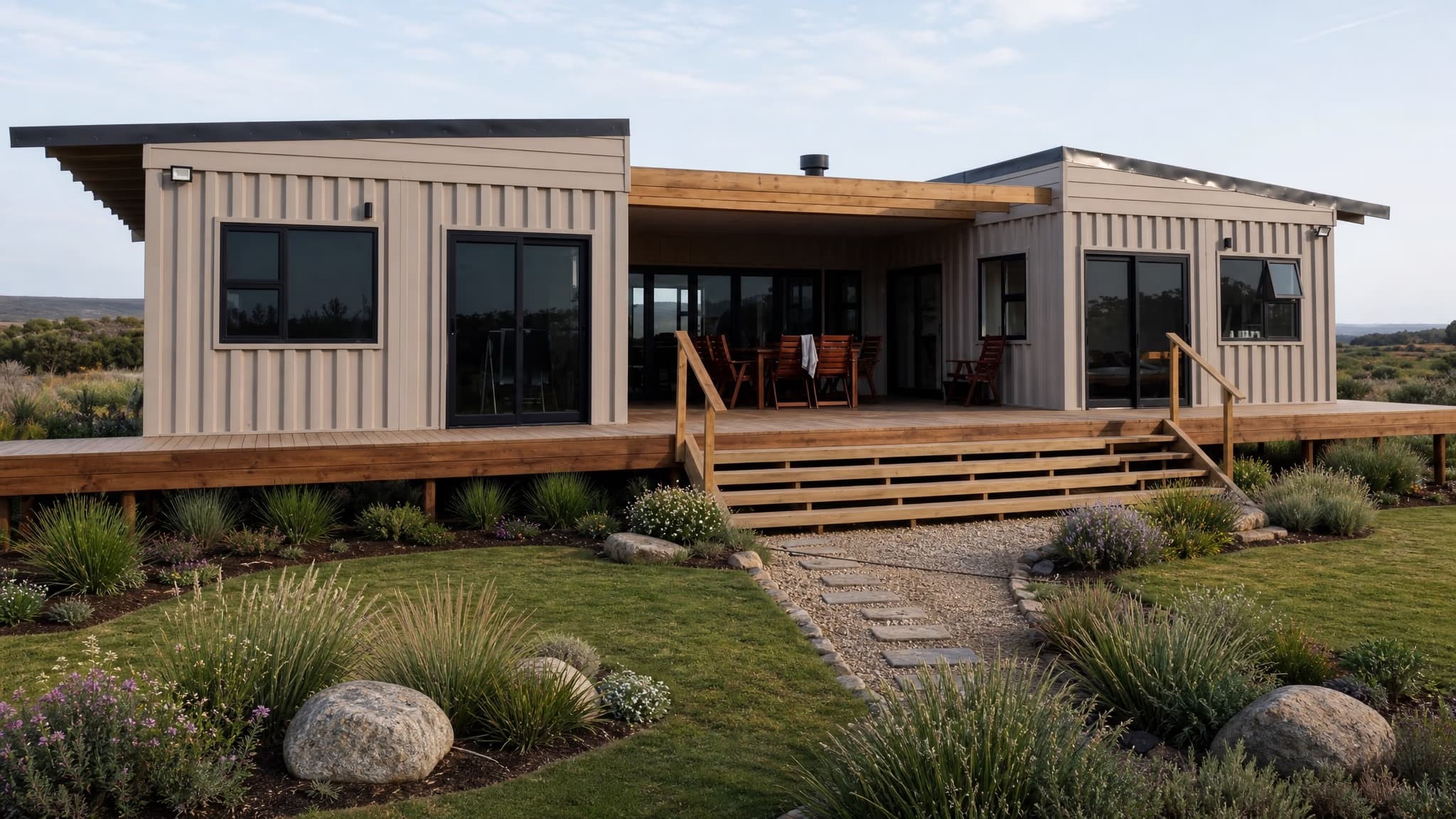 Styled render of The U Shape, its two wings around the central covered deck and landscaped garden