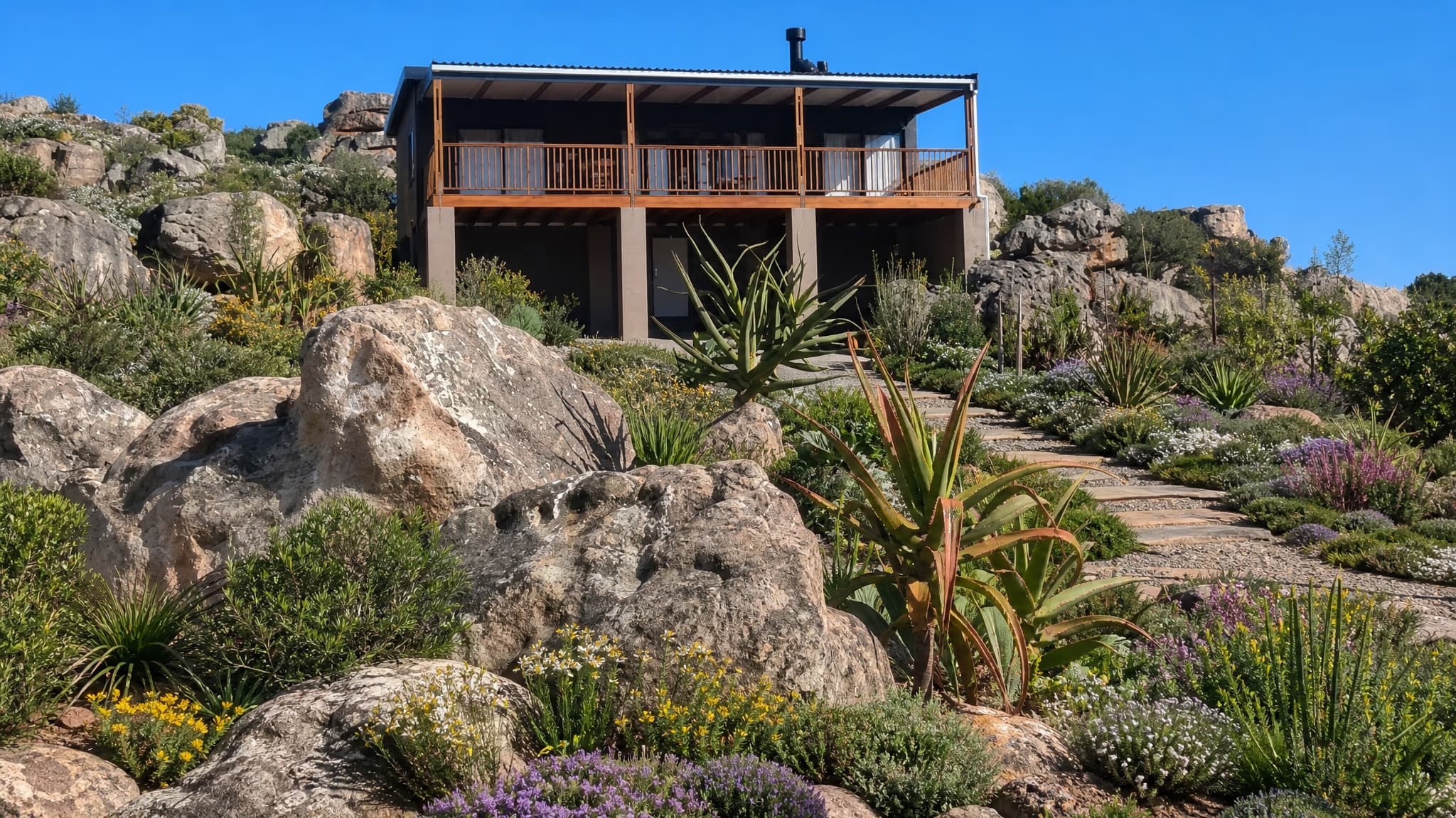 Styled render of The Walk In on its rocky hillside, with the fynbos garden and stone path below
