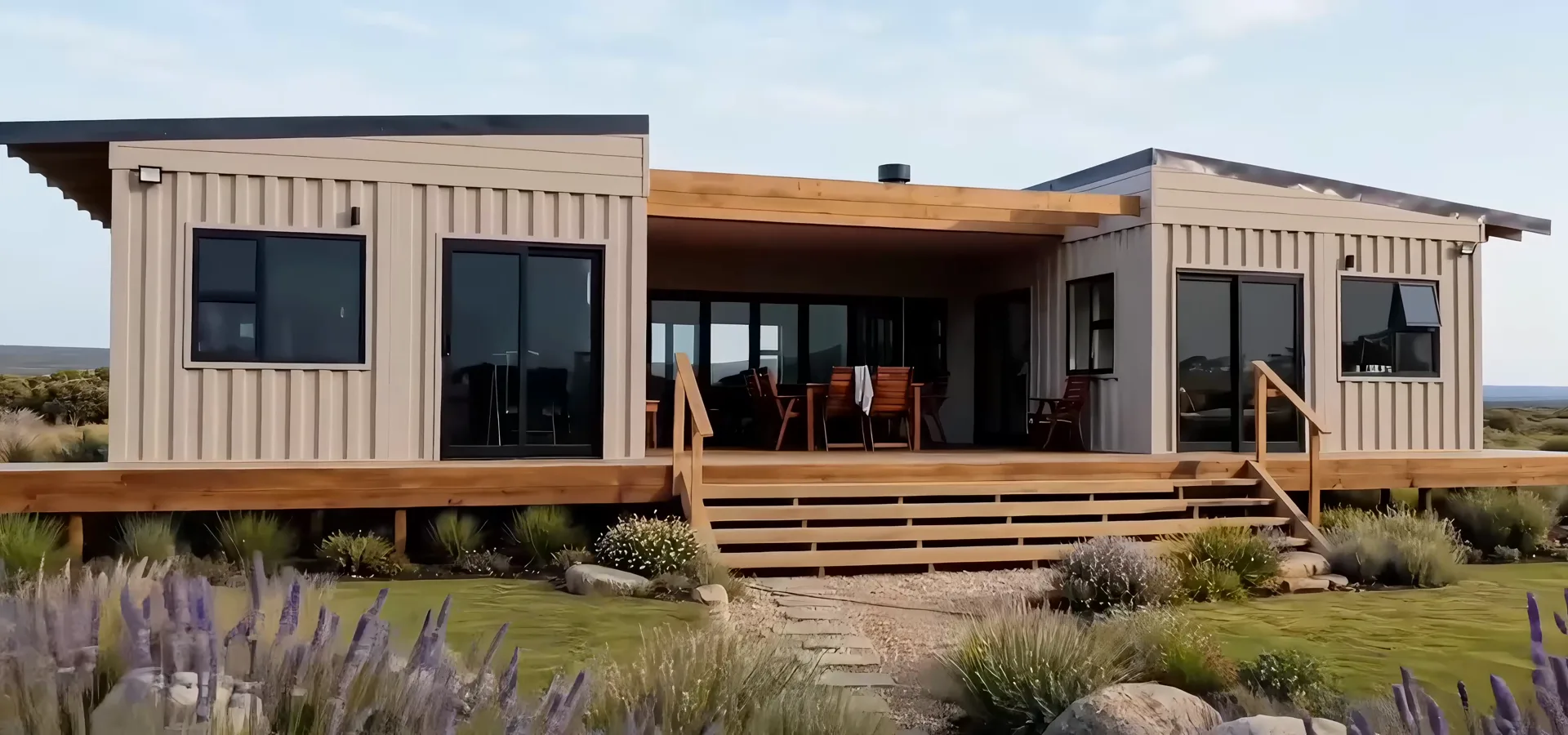 A finished home on a deck overlooking the mountains at golden hour