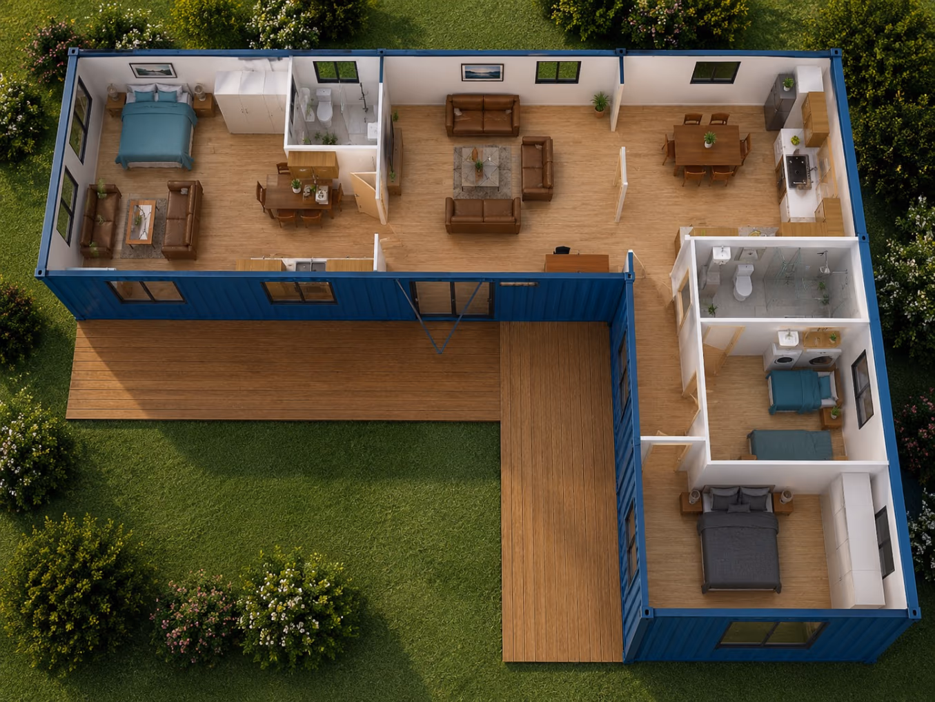 Cutaway 3D floor plan of The Big L's L-shaped four-container layout