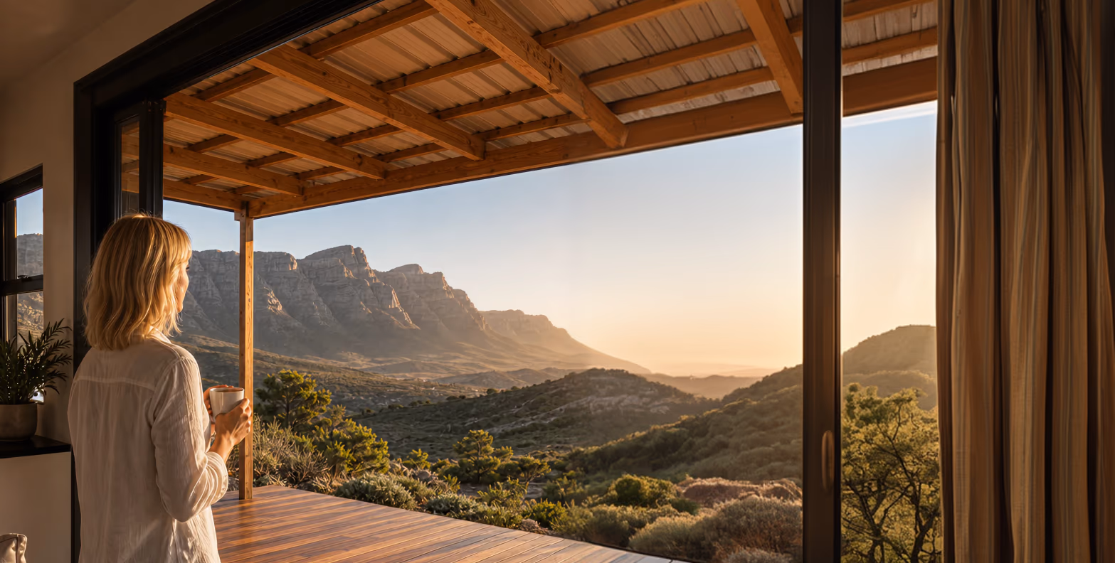 A finished home on a deck overlooking the mountains