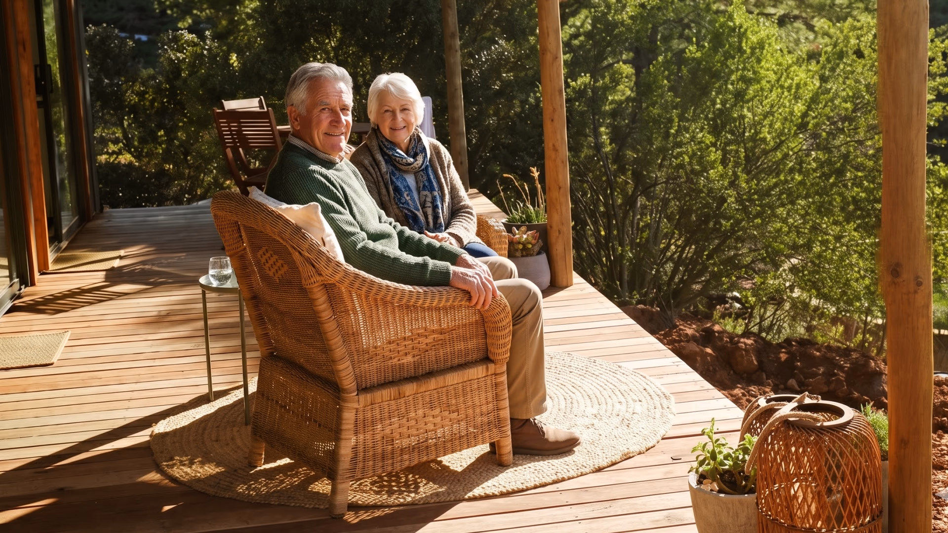 An older couple relaxing in wicker chairs on the sunny timber deck of their container home