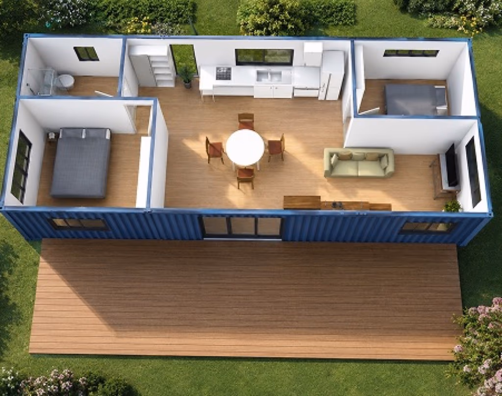 3D floor plan of The Independent's two-container, two-bedroom layout