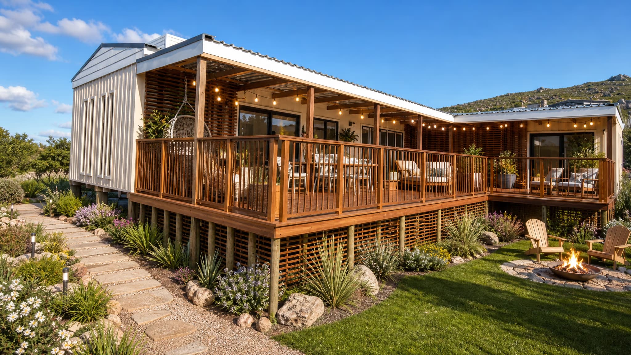 A real delivered container home with a wide wooden deck and fire pit at golden hour