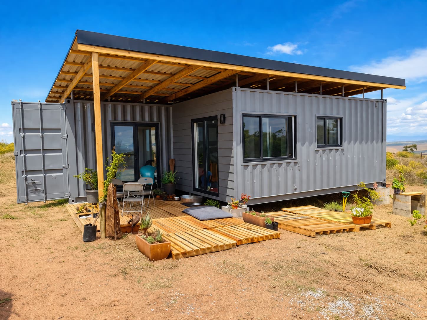 Petro's finished container home with a covered deck, set on its own stand