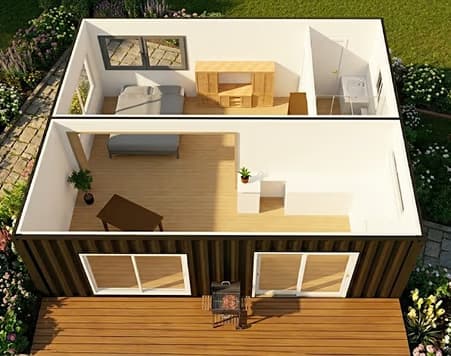 Cutaway 3D floor plan of The Studio's double-container layout