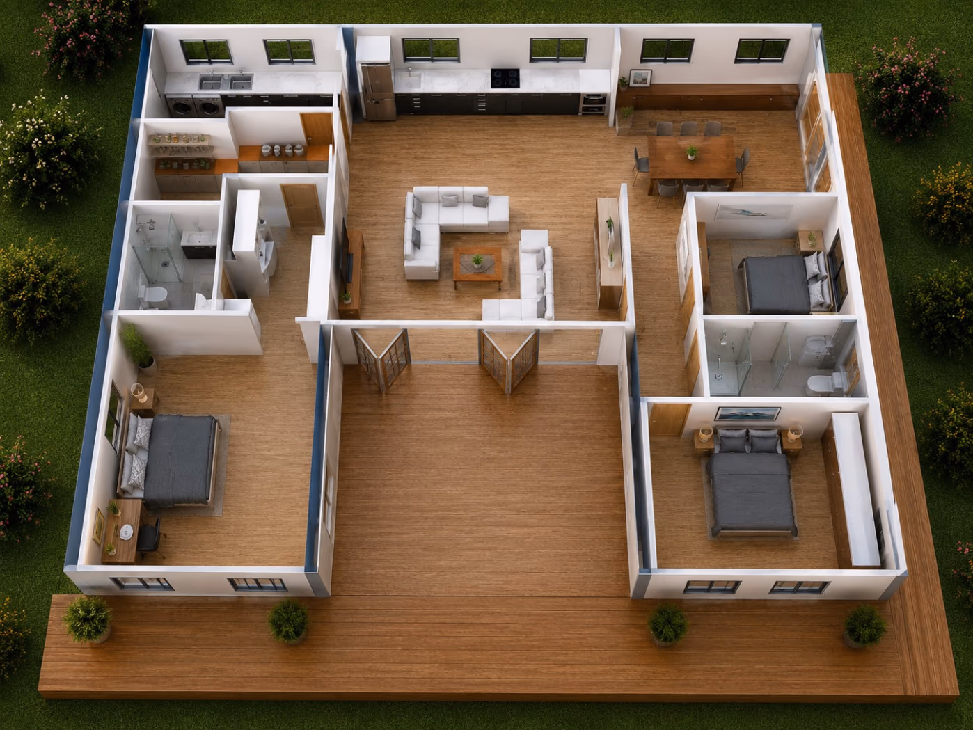 3D floor plan of The U Shape's three-bedroom layout around the central deck