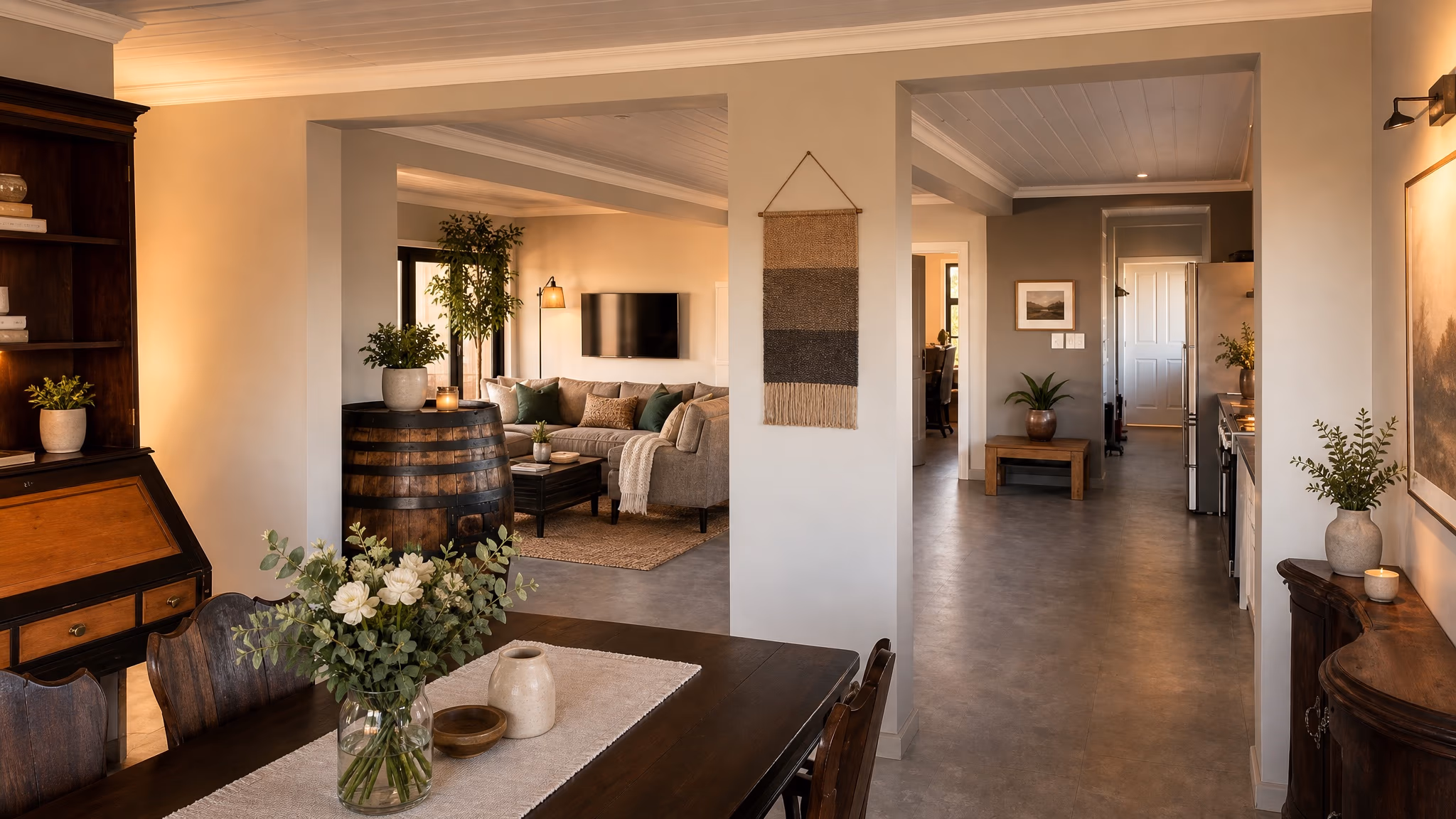 Inside The U Shape: the dining room looking through to the lounge and kitchen