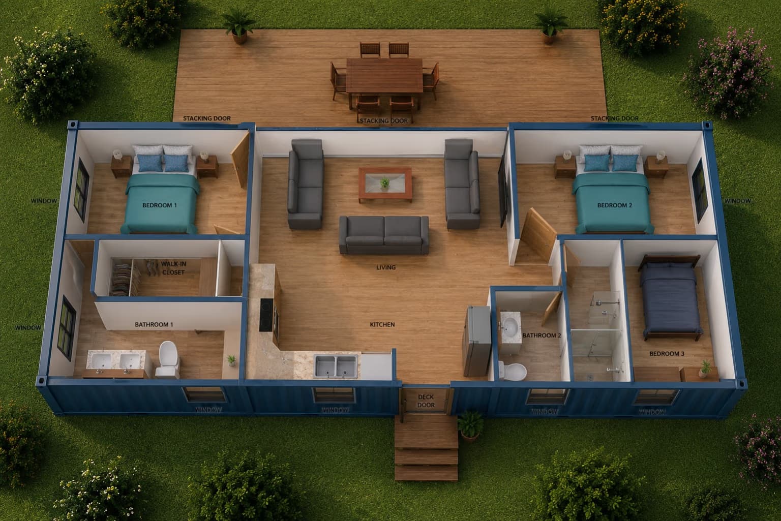 3D floor plan of The Walk In's three-bedroom layout with its central 1m spine