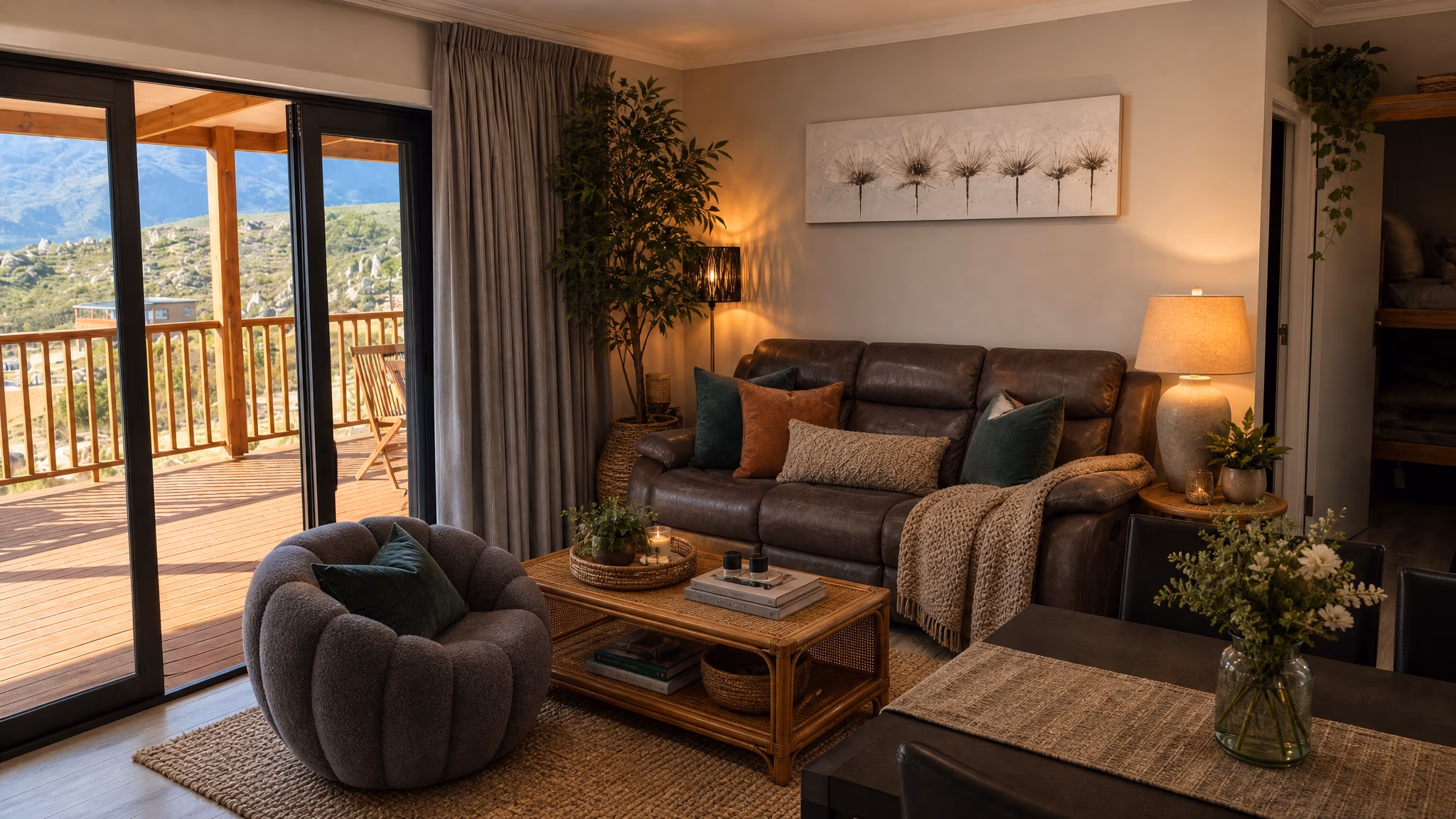 The Walk In's lounge at dusk, its sliding doors open to the covered deck and the mountains
